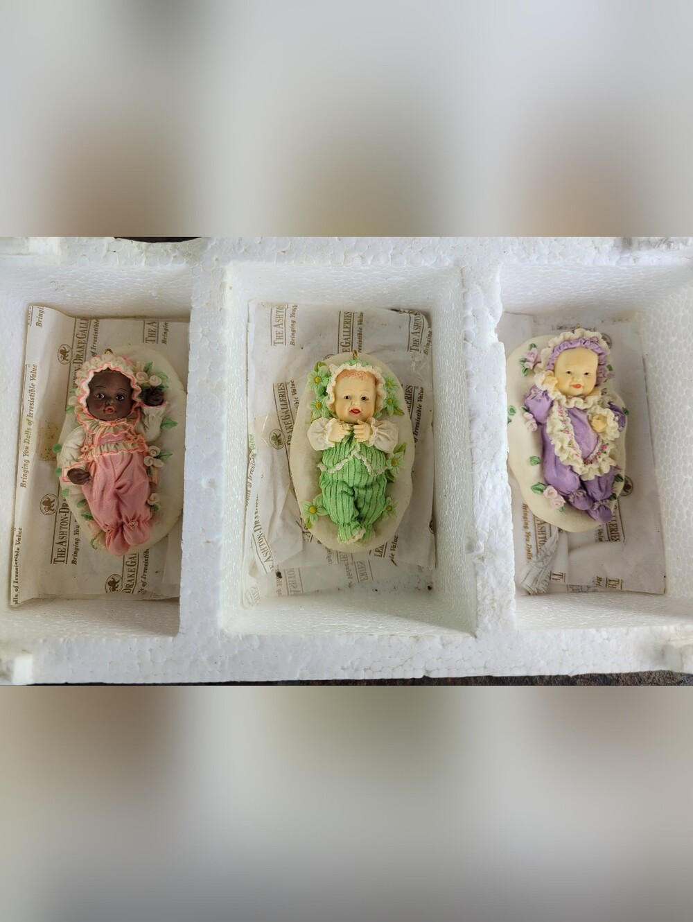 Set of 3 Ashton-Drake Porcelain Baby Orniments - Pink, Green, Lavender (BC1)